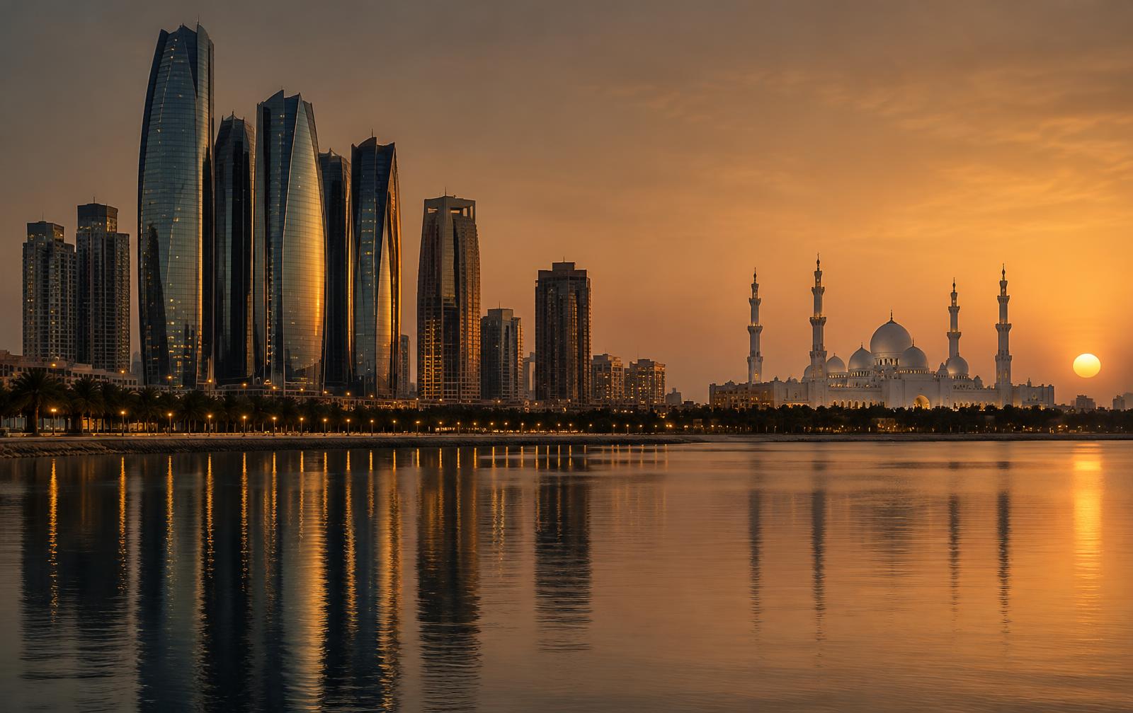 Abu Dhabi skyline at sunset